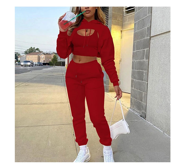 Women 3 Pieces Sets Sweatpants and Hoodie Set Cropped Tops Fleece Pants Suit Tracksuit Fitness Sport Jogger Outfit Clothing