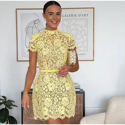 Women Fashion Yellow Lace Hollow Out Mini Dress Elegant Short Sleeve High Waist Bodycon Dresses Sexy Party Street Lady Vestidos