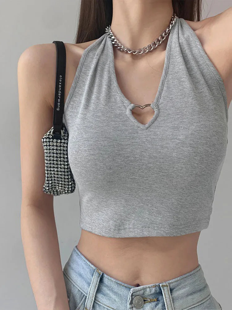 Women V Neck Hearted Hollow Out Halter Camis Tank Tops Summer Fashion Slim Cropped Lace Up Camisole