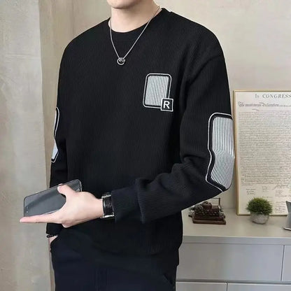 Trend Embroidery Street Casual Hoodies Sweatshirts Men's Long Sleeve Contrast Patchwork Fashion Tops Casual Vintage Men Clothing black