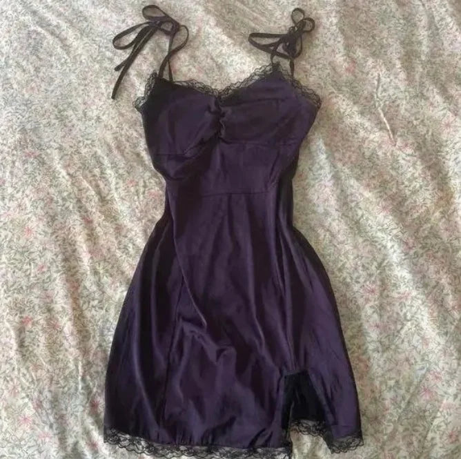 Vintage Stripped Lace Pleated Strap Dress Women Y2k American Short Dresses Fashion Chic Short Sleeve Streetwear Clothing Badiee Stylez