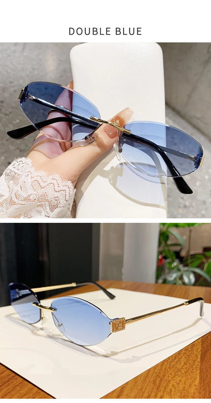 Retro Frameless Oval Concave Design Y2k Personalized Sunglasses Trendy Uv Resistant Street Photography Sunglasses 90275