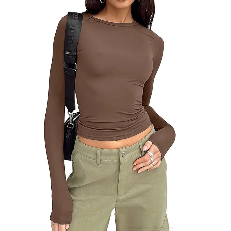 2024 Spring Autumn Women Y2K Pink T-Shirt Causal Long Sleeve Crop Tops O Neck Pullovers Base Tees Bodycon Slim Fit T Shirt Brown