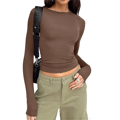 2024 Spring Autumn Women Y2K Pink T-Shirt Causal Long Sleeve Crop Tops O Neck Pullovers Base Tees Bodycon Slim Fit T Shirt Brown