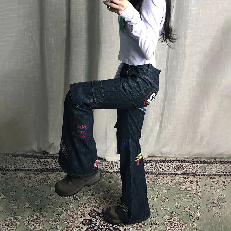 Karrram Vinatge Y2k Baggy Jeans Japanese 2000s Style High Waist Flared Jeans American Retro Denim Cargo Pants Harajuku Trousers