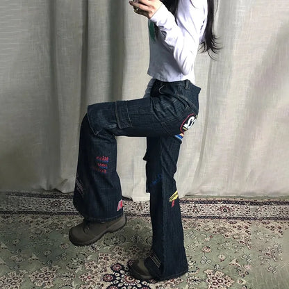 Karrram Vinatge Y2k Baggy Jeans Japanese 2000s Style High Waist Flared Jeans American Retro Denim Cargo Pants Harajuku Trousers