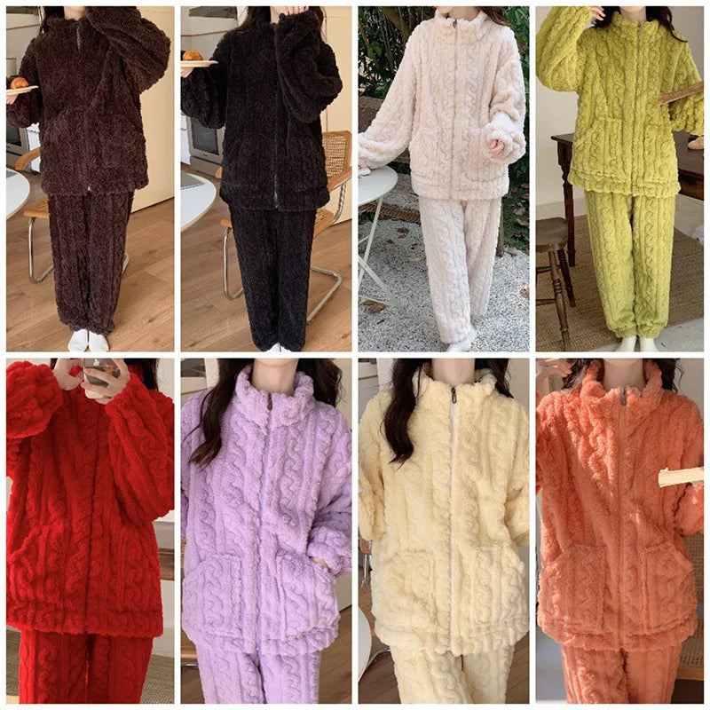 Large Size Flannel Pajamas Set Autumn Winter Female Sleepwear Trouser Suit Thicken Coral Fleece High Collar Lounge Wear Homewear
