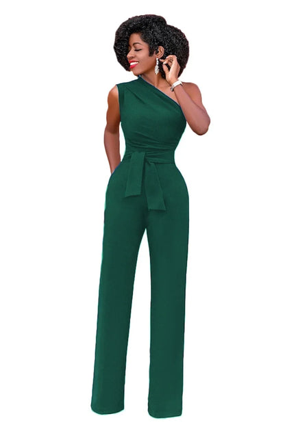 Women's Jumpsuit Solid Skew Collar Crop Top Straight Pants Belt Sexy Sleeveless Loose Pants Elegant Charming Playsuits 2024 Badiee Stylez