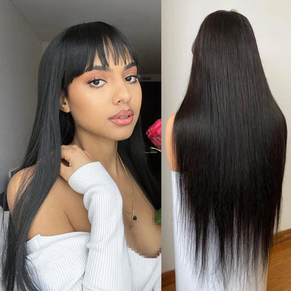 Bone Straight Human Hair Wig With Bangs For Women 30 Inch Brazilian 3x1 Lace Wigs Glueless Wig Human Hair Natural Black Color Badiee Stylez