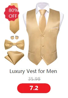 Luxury Vest for Men Gold Solid Silk Satin Waistcoat Bowtie Tie Set Sleeveless Jacket Wedding Formal Male Gilet Suit Barry Wang