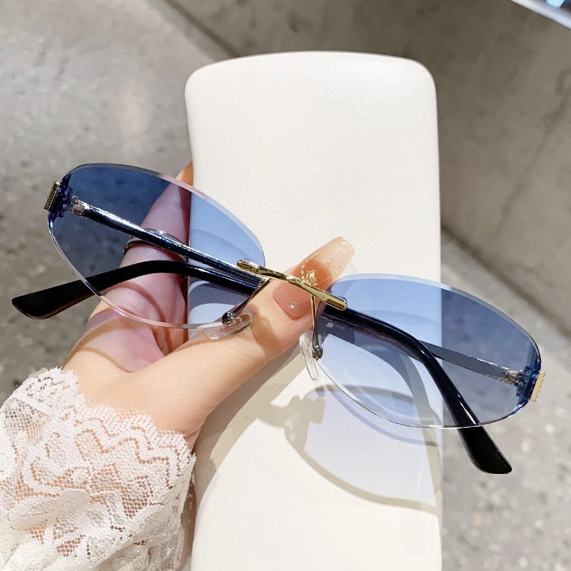 Retro Frameless Oval Concave Design Y2k Personalized Sunglasses Trendy Uv Resistant Street Photography Sunglasses 90275 Blue