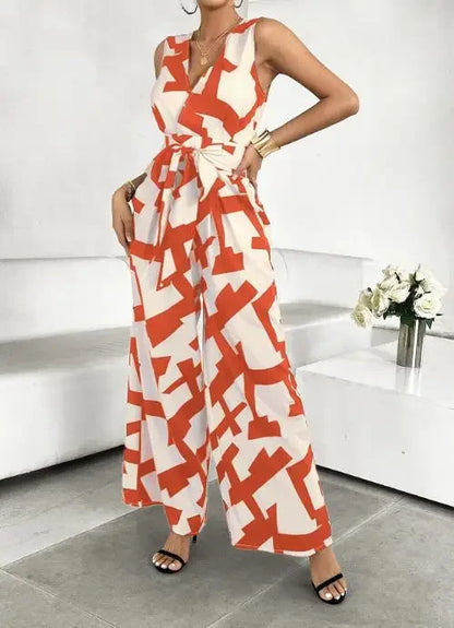 Summer Fashion Vacation Style Jumpsuits for Women Casual V Neck Sleeveless Color Blocking Lace Up High Waist Wide Leg Jumpsuit Badiee Stylez