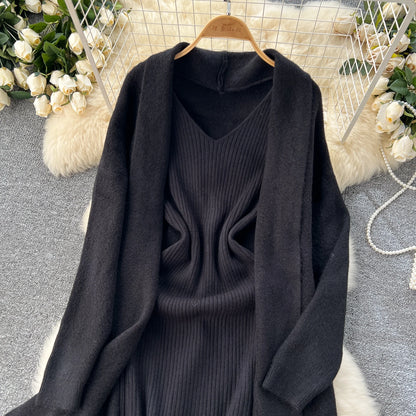 SINGREINY Autumn Knitted Two Pieces Sets Ladies Loose Knitting Cardigan+Spaghetti Strap Bodycon Dress Basic Solid Winter Suits Badiee Stylez