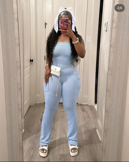 XIZOU Elegant Off Shoulder Strapless Knitted Pockets Girl Jumpsuits Women's Fitted Overalls Outfits Night One Piece Rompers Light Blue