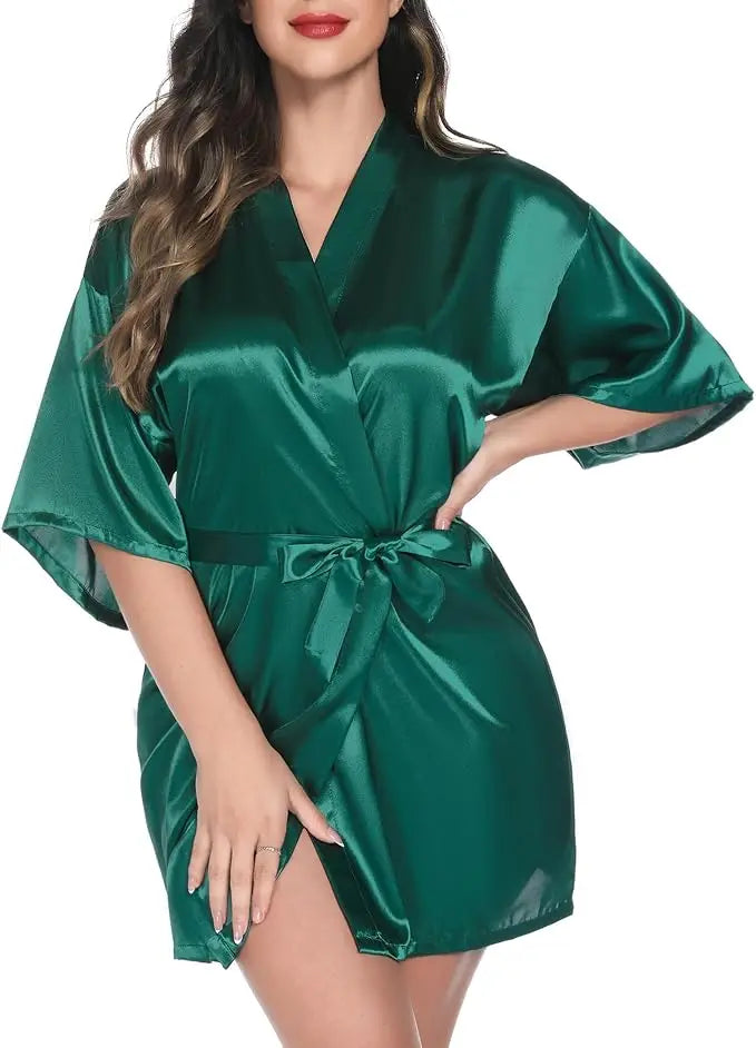 Womens Kimono Robes Dressing Gown Satin Bathrobe Nightdress Short Style Bridal Robe