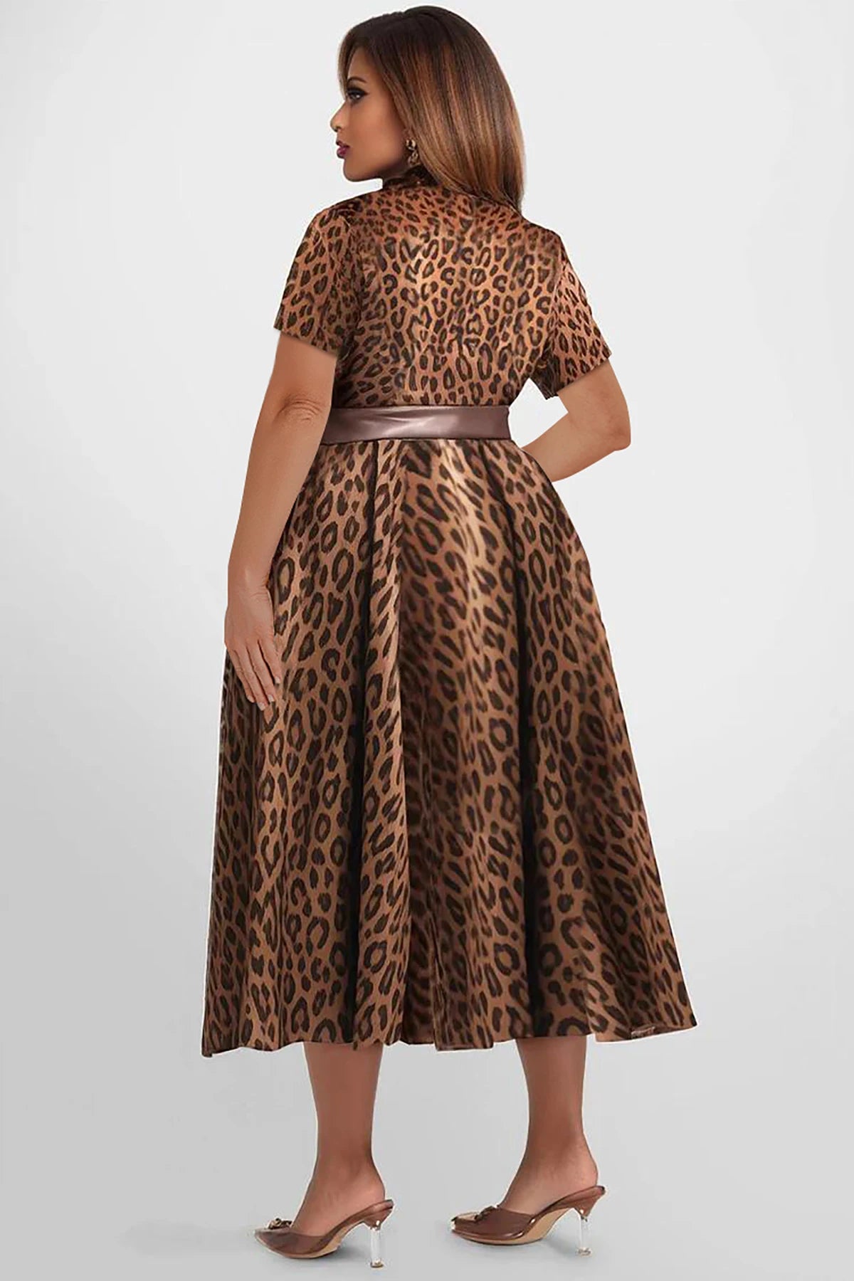 Women's Plus Size Leopard Printed Dress Large Lapels Short Sleeves Loose Elegant Belt Dresses 2025 Summer Female Casual Vestidos