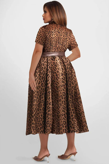 Women's Plus Size Leopard Printed Dress Large Lapels Short Sleeves Loose Elegant Belt Dresses 2025 Summer Female Casual Vestidos