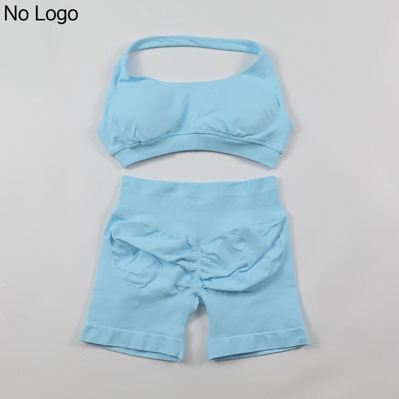 Fitness Shorts Sets Seamless Yoga Set Women 2Pcs Halter Sports Bra Scrunch Butt Gym Shorts Set Workout Clothes Summer Sportswear Badiee Stylez