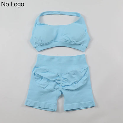 Fitness Shorts Sets Seamless Yoga Set Women 2Pcs Halter Sports Bra Scrunch Butt Gym Shorts Set Workout Clothes Summer Sportswear Badiee Stylez