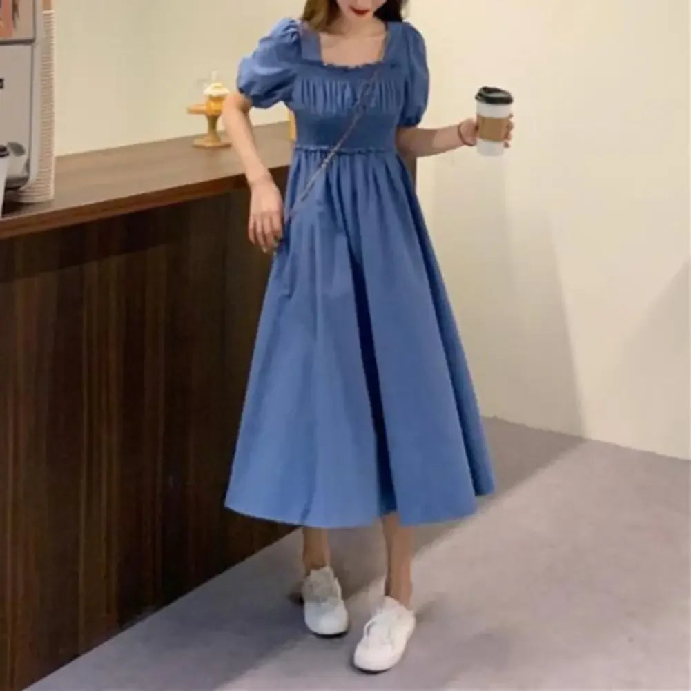 Summer Women Dress Pleated Shirring Square Neck Short Sleeve Bubble Sleeve Ladies Dress Solid Color Loose Hem Midi Dress