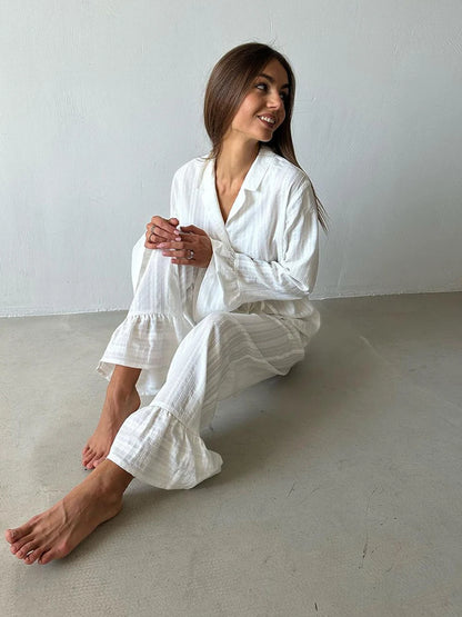 Marthaqiqiq Casual Women Nightgown 2 Piece Suit Long Sleeve Nightwear Turn-Down Collar Sleepwear Pants Loose Home Clothes Ladies