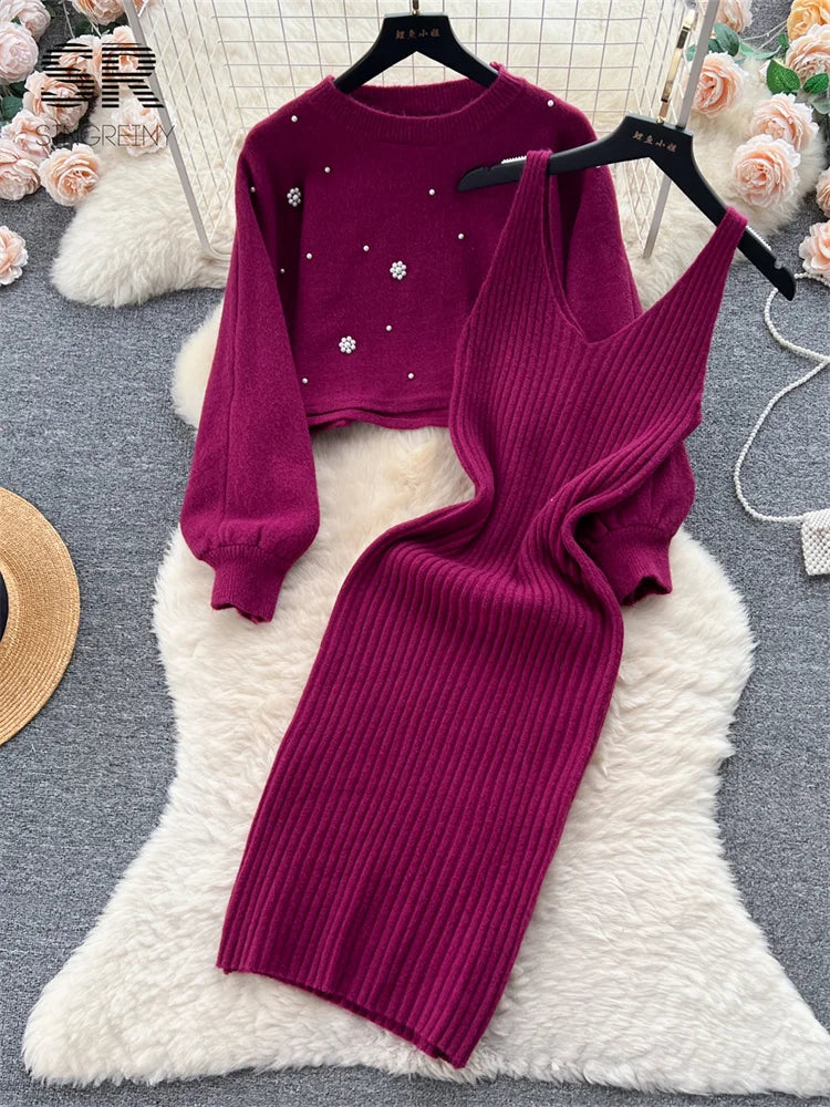 SINGREINY Beading Casual Two Piece Set Women Long Sleeve O Neck Pullover Midi Dress Fashion 2023 Winter Sweater Suit Dresses Badiee Stylez