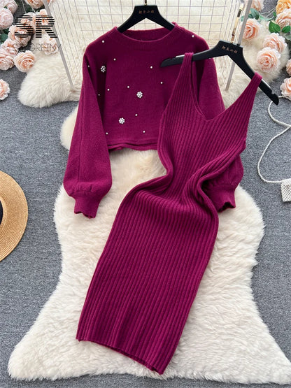 SINGREINY Beading Casual Two Piece Set Women Long Sleeve O Neck Pullover Midi Dress Fashion 2023 Winter Sweater Suit Dresses Badiee Stylez