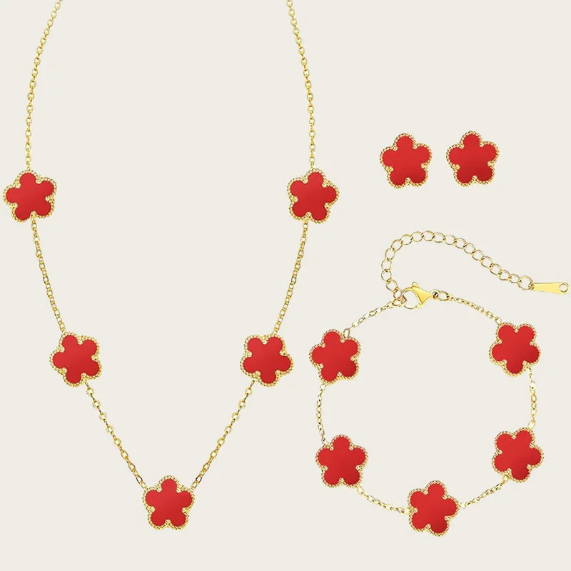 Stainless Steel Sets Earrings Necklace Bracelet Christmas Birthday Gifts Gold Plated Women's Double Sided Flower Elegant Fashion red-gold