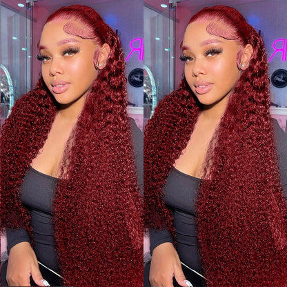 Burgundy Curly 13x6 Hd Lace Frontal Wig Human Hair 100% Brazilian 13x4 Water Deep Wave 99J Red Colored Wig For Women 30 36 Inch