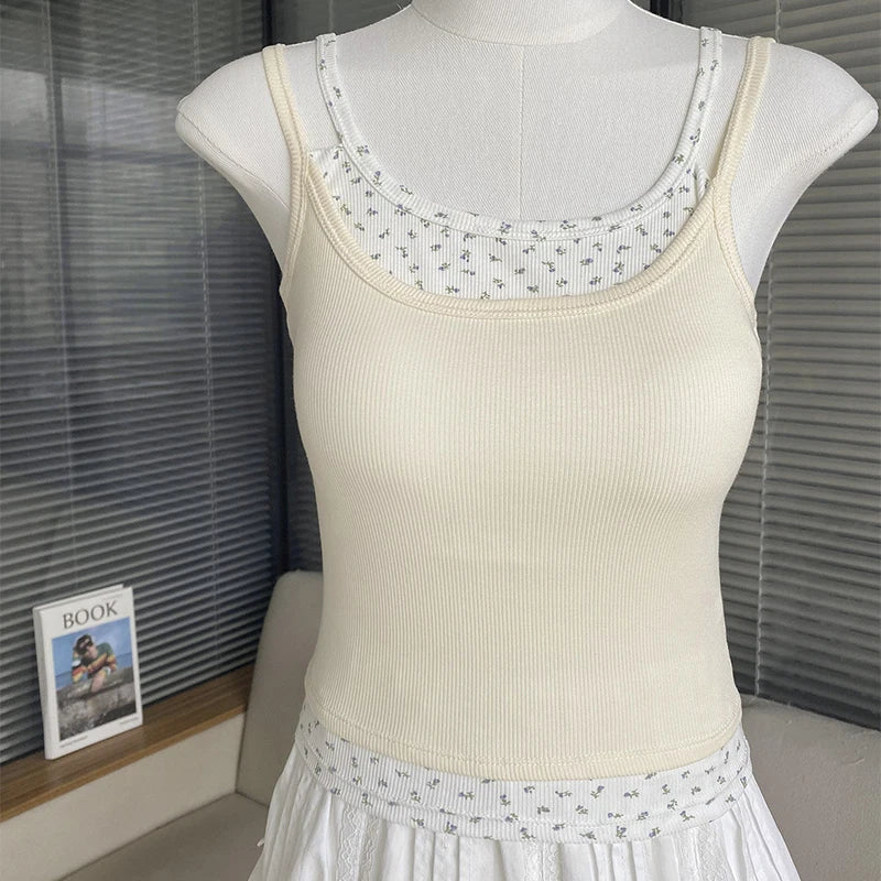 Women Sweet Patchwork Floral Printing Tank Tops With Bra Pad Sexy Off Shoulder Spaghetti Strapy Top Summer Worn Outside Camisole