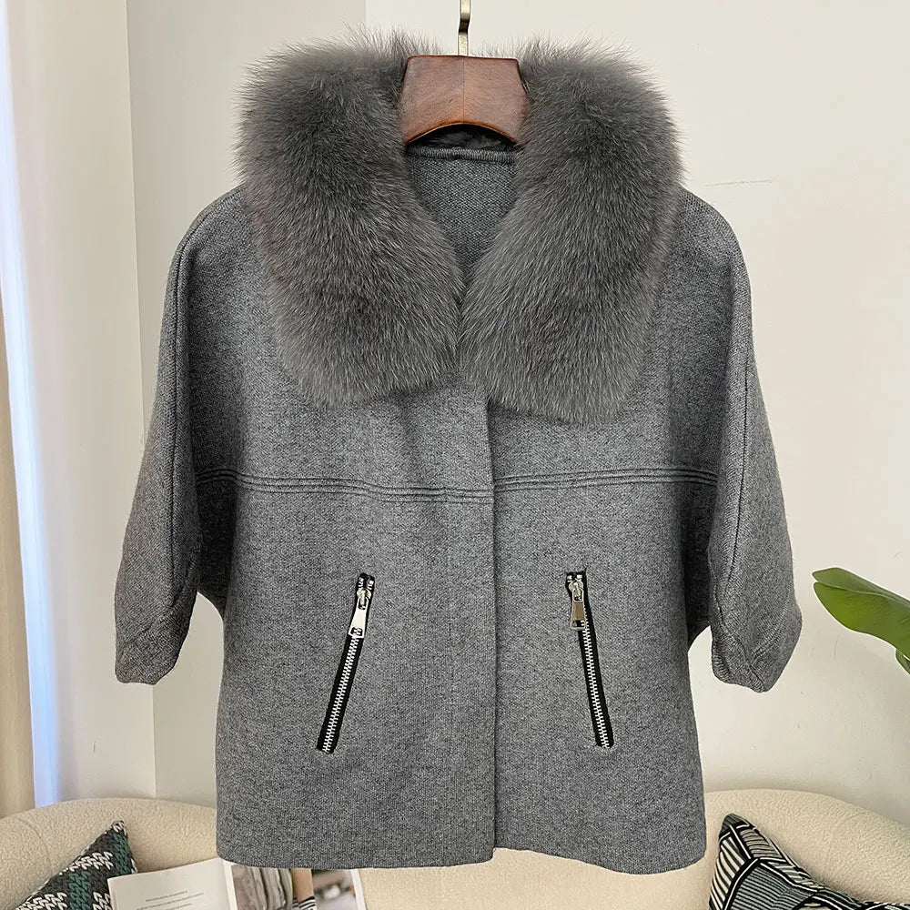 FURYOURSELF 2025 New Real Fox Raccoon Fur Collar Coat Knitted Sweater Women Short Sleeve Jacket Thick Warm Outerwear streetwear