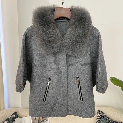 FURYOURSELF 2025 New Real Fox Raccoon Fur Collar Coat Knitted Sweater Women Short Sleeve Jacket Thick Warm Outerwear streetwear