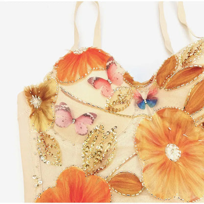 Flower Embroidery Bead Fish Bone Suspender Women Bra Sexy Exposed Waist Metal Buckle Top Party Vacation Female Tops 2025 Summer