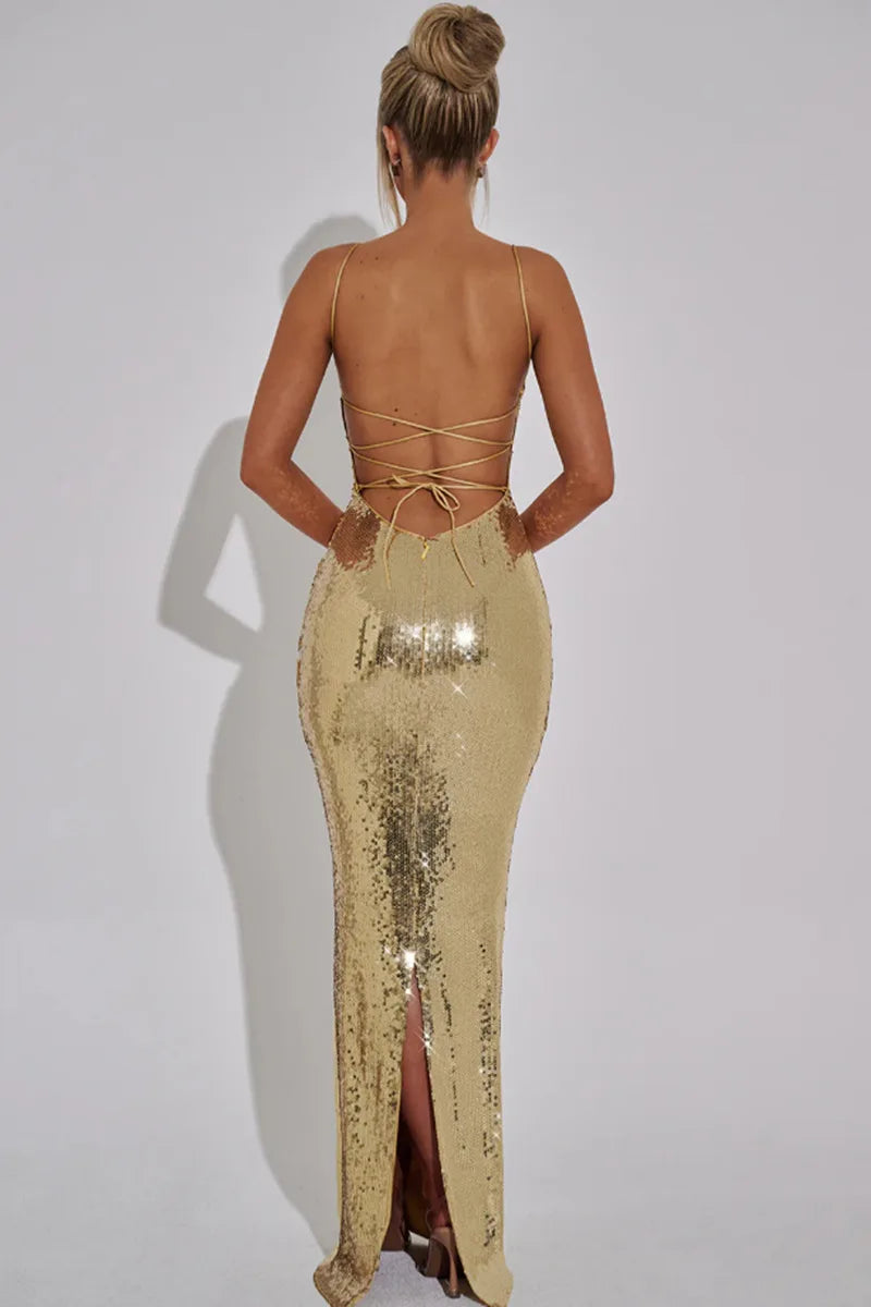 Sexy Sequin Backless Bandage Long Dress Women's Shiny Sleeveless Luxury Silver Dresses Evening Prom Party Birthday Gold Cocktail
