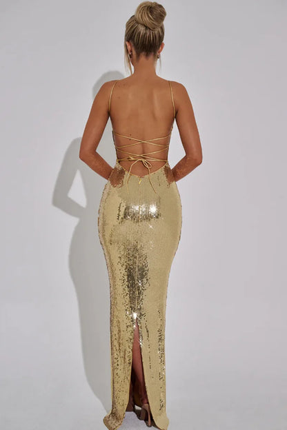 Sexy Sequin Backless Bandage Long Dress Women's Shiny Sleeveless Luxury Silver Dresses Evening Prom Party Birthday Gold Cocktail