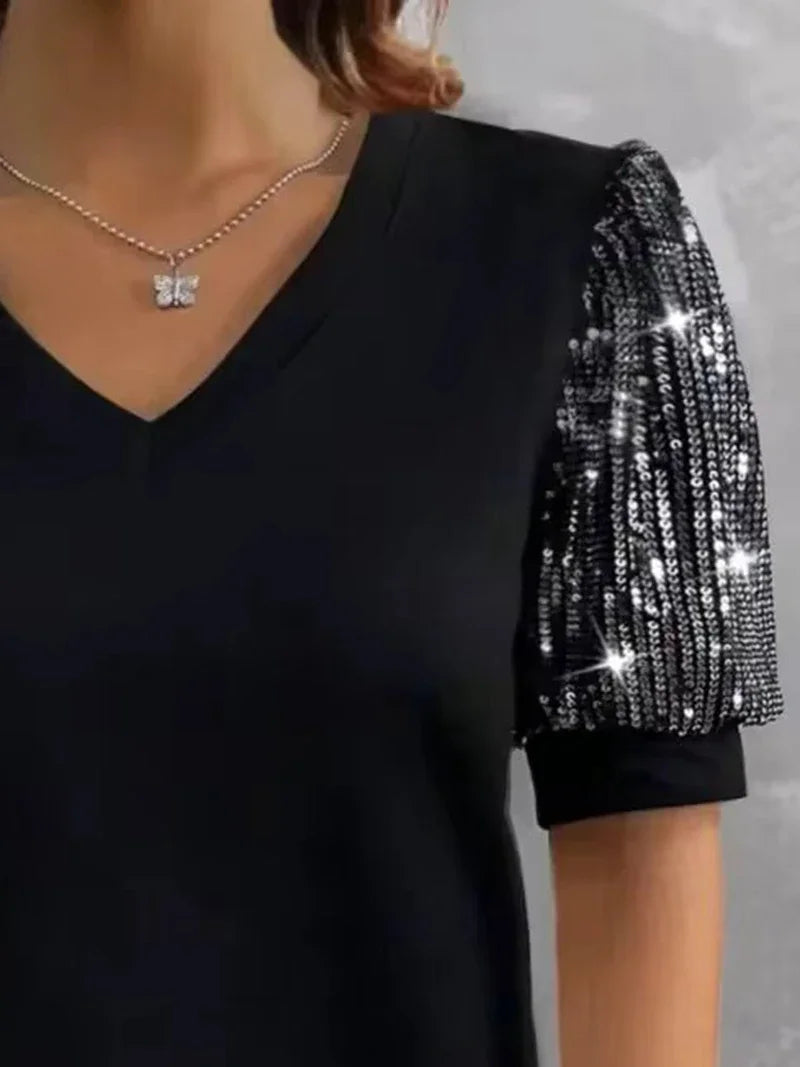 Plus Size 1XL-5XL Women's Color Blocking Sequin T-shirt Summer Lantern Sleeve V-neck Casual Top