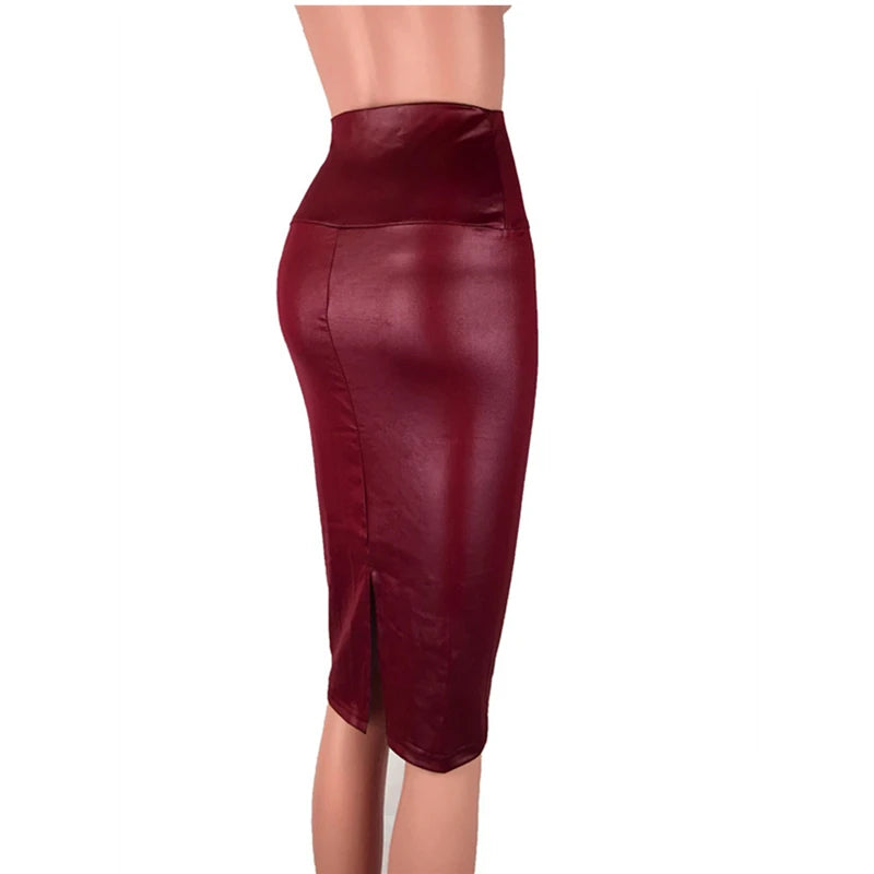 Leather Skirt Back Split Women Sexy Bodycon Pencil Skirt Sexy Office Lady Pencil Package Skirts High Waist Summer Long Skirt Wine Red 02