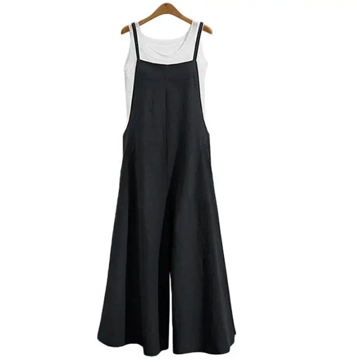 Women Straps Jumpsuit Summer Solid Color Wide Leg Pants Dungaree Bib Overalls Casual Loose Sleeveless Cotton Linen Jumpsuits 5Xl Badiee Stylez