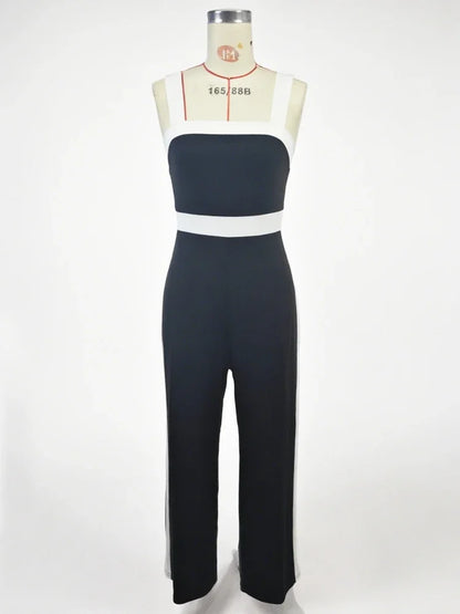 Women's Casual Black Jumpsuit White Contrast Trim Square Neck Great for City Nights Social Gatherings Fashionable Wear Badiee Stylez