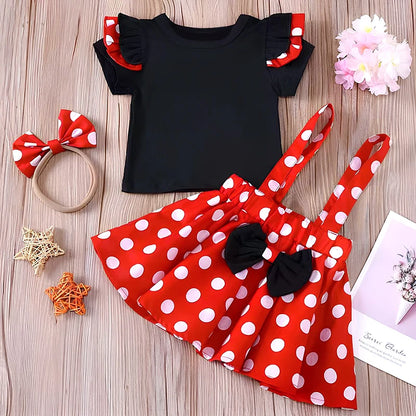 Minnie Mouse Girl Set Children Dress Baby Clothing Set Summer Birthday Costume Polka Dot Suspender Skirt Bow Headband skirt suit
