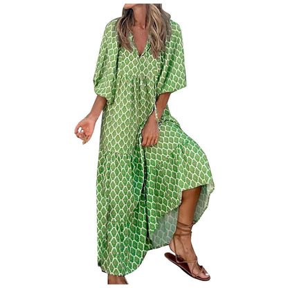 Puff Sleeve Boho Maxi Dress Elegant Women Summer 2022 Casual Floral Drawstring V-Neck Loose Holiday Beach Dresses Party Vestidos Badiee Stylez