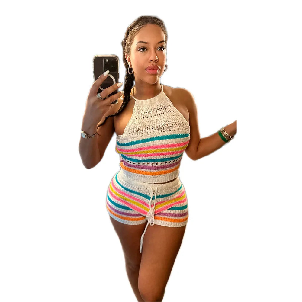 Striped Hollow Out Top & Drawstring Shorts Set Women Two Piece Set Y2k Club Beach Vest Halter Tops Elastic Waist Summer 2025