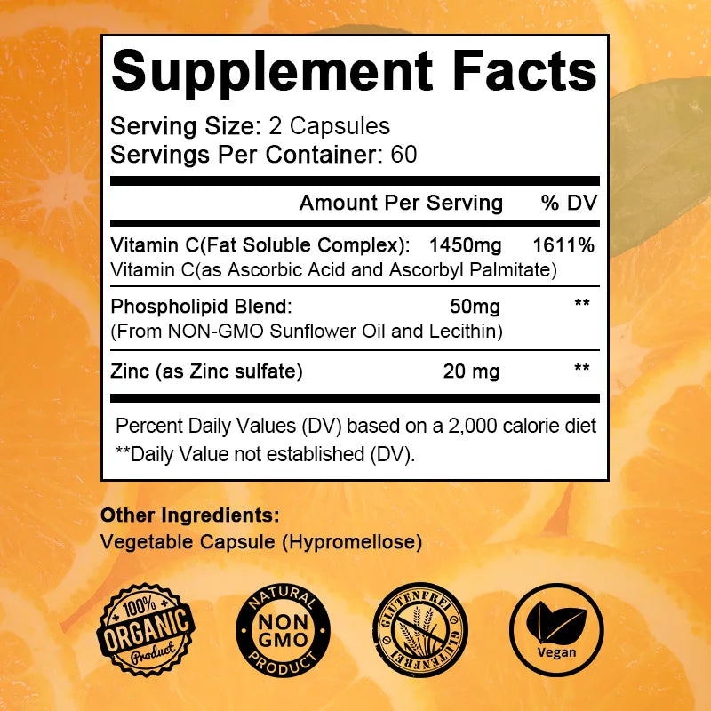 Organic Vitamin C Capsules 1000mg and Zinc 20mg Capsules Support Immune Health, anti-oxidation Beauty Health