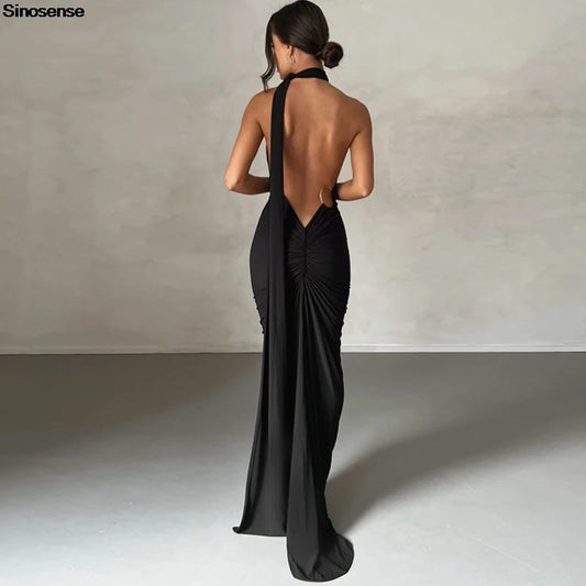 Womens Elegant Evening Party Cocktail Long Dress Sexy Backless Open Back Ruched Slim Bodycon Formal Wedding Guest Maxi Dress Badiee Stylez