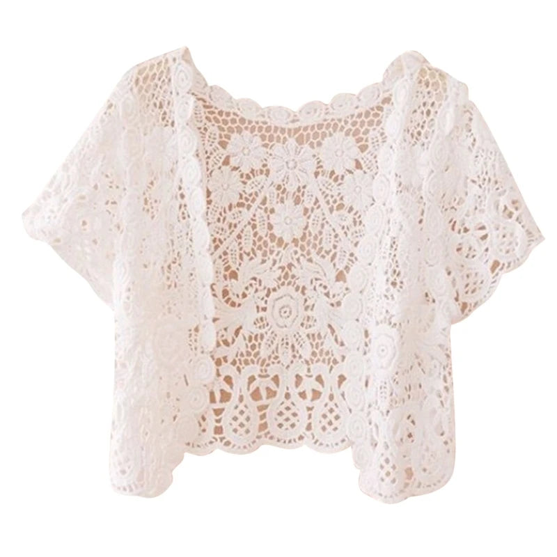 M2EA Womens Short Sleeve Open Front Lace Cardigan Floral Crochet Sheer Beach Cover Up Shrugs Crop Bolero Jackets for Dresses White
