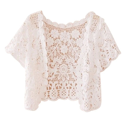 M2EA Womens Short Sleeve Open Front Lace Cardigan Floral Crochet Sheer Beach Cover Up Shrugs Crop Bolero Jackets for Dresses White