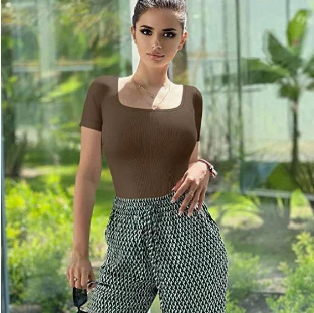Summer Sexy Short Sleeve Ribbed Square Neck Thong Bodysuits One Piece Square Bodysuits Tummy Control Body Shapers Belly Coffee