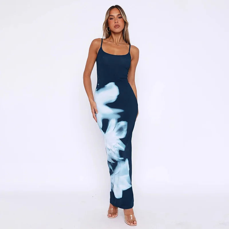 Summer Women's Dresses New Fashion Print Sleeveless Backless Bodycon Sexy Maxi Dresses Casual Streetwear Club Elegant Lady Dress