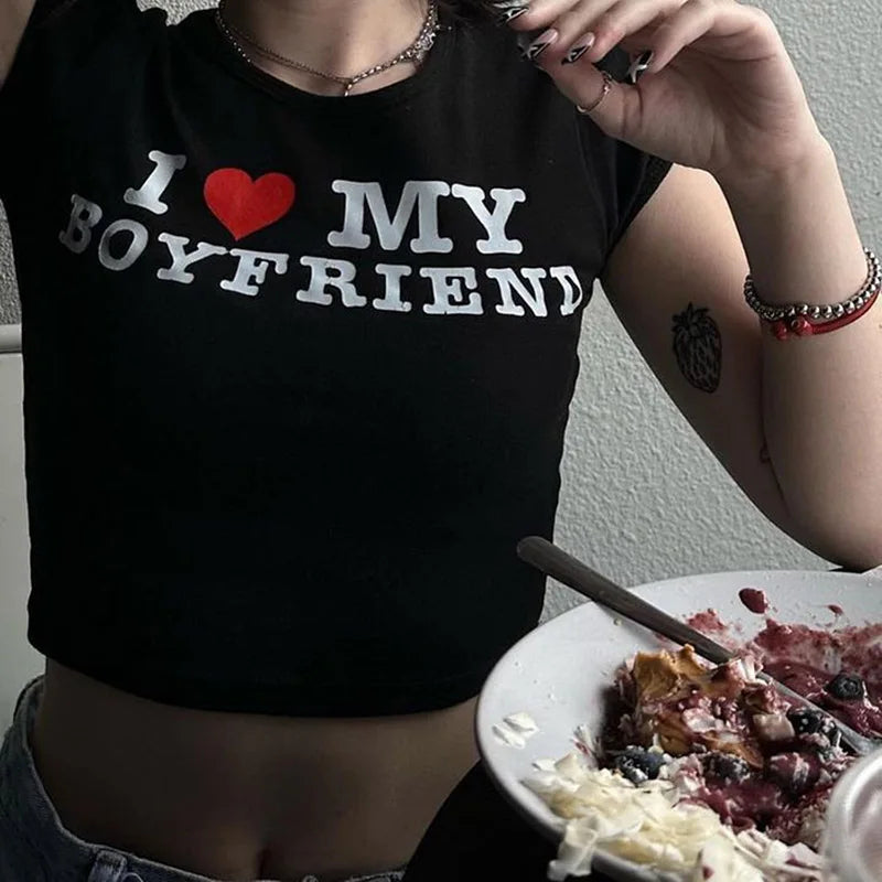 I LOVE MY BOYFRIEND Summer Fashion Girls Cotton Crop Tee Short Short Sleeve Women T-Shirt