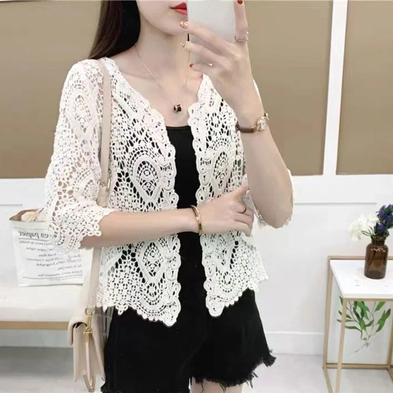Women Knitted Lace Shrug Boho Hollow Crochet Floral 3/4 Sleeves Open Front Cropped Cardigan Elegant Mesh Sweater Coveup